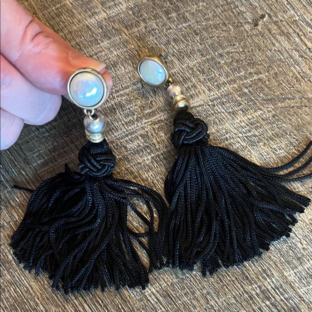 J. Crew Black Tassel Earrings with Gold and Pearl Accents